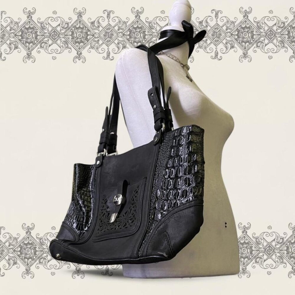 Marc Chantal Black crocodile embossed leather shoulder bag